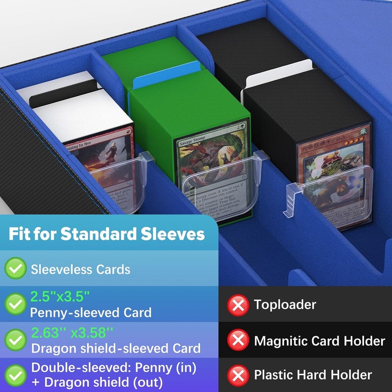 Gomyrod Card Deck Case for 1800+ Sleeved Cards, Trading Card Storage Box with 15 Dividers & 3 Stoppers, Magnetic Closure Commander Deck Box Fit for TCG/MTG/Baseball/Sport Cards, Black & Blue - Image 3